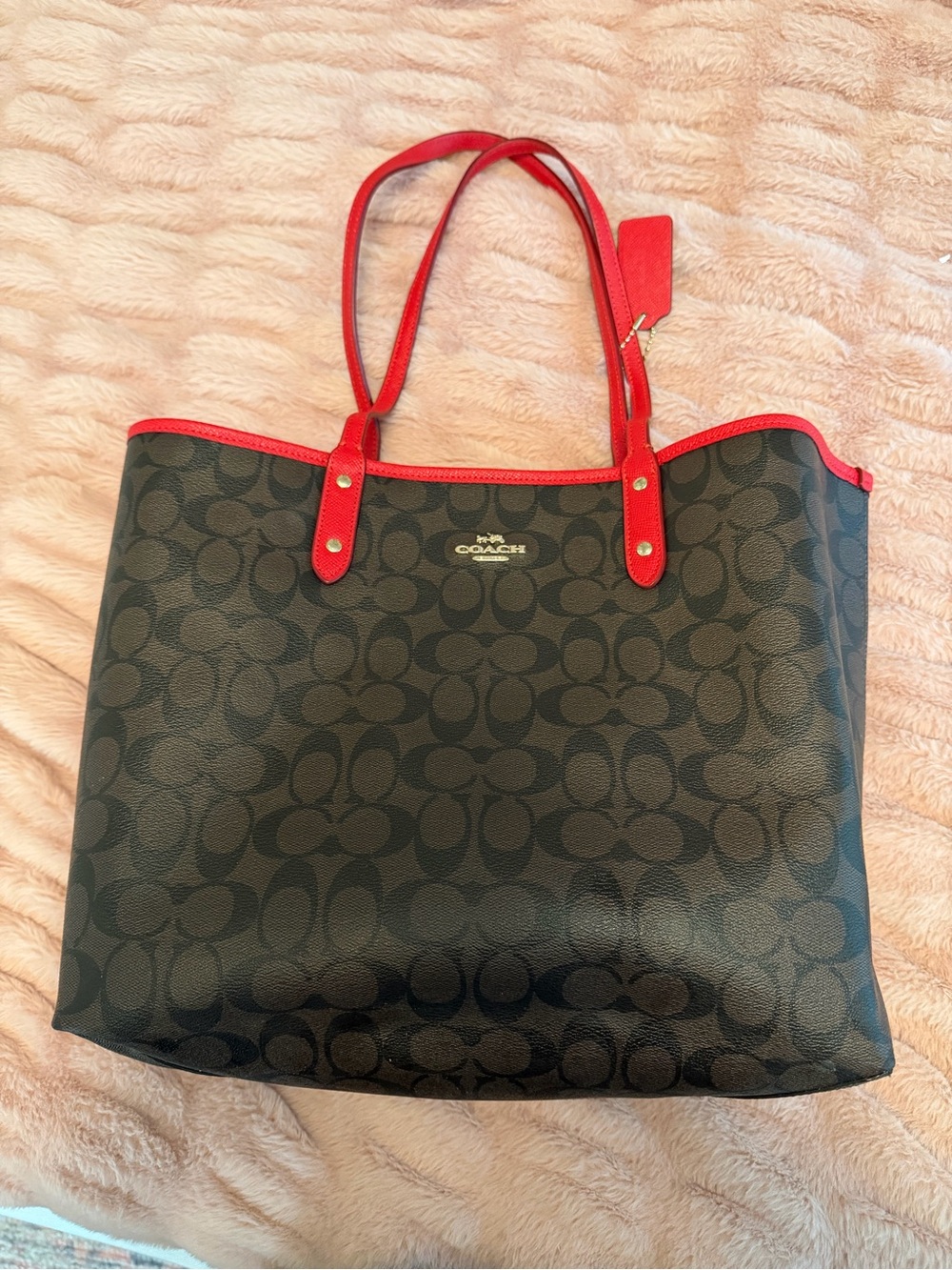 Reversible Coach Signature Tote with Red Trim and Straps